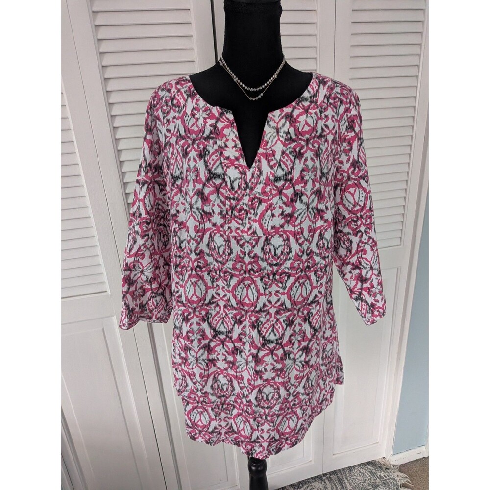 Lane Bryant Tunic Womens 14/16W Pink White Embroider 3/4 Sleeve Linen Blend Top